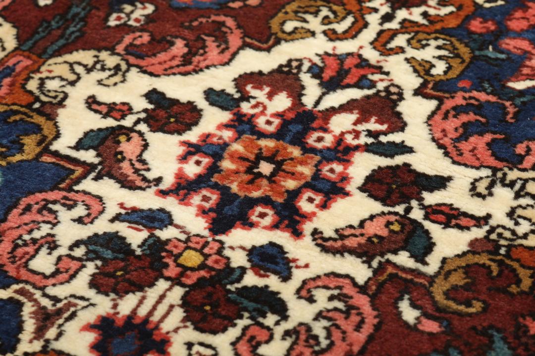 Et håndknyttet Bakhtiar-tæppe fra Mellemøsten med et flerfarvet blomsterhavedesign.