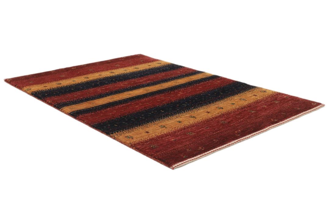 Un tapis Loribaft noué à la main provenant du Moyen-Orient avec un motif rayé rouge, orange et bleu.