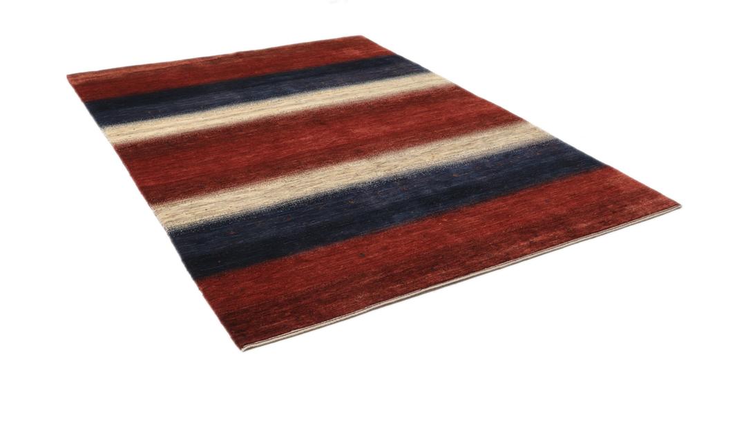 Hand-knotted Loribaft rug from the Middle East with a striped red, blue, and cream design