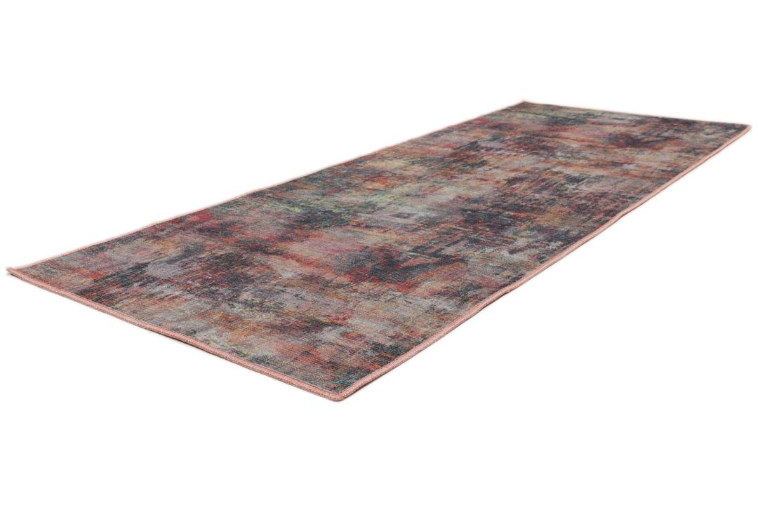 Una alfombra pasillera multicolor con un diseño abstracto.