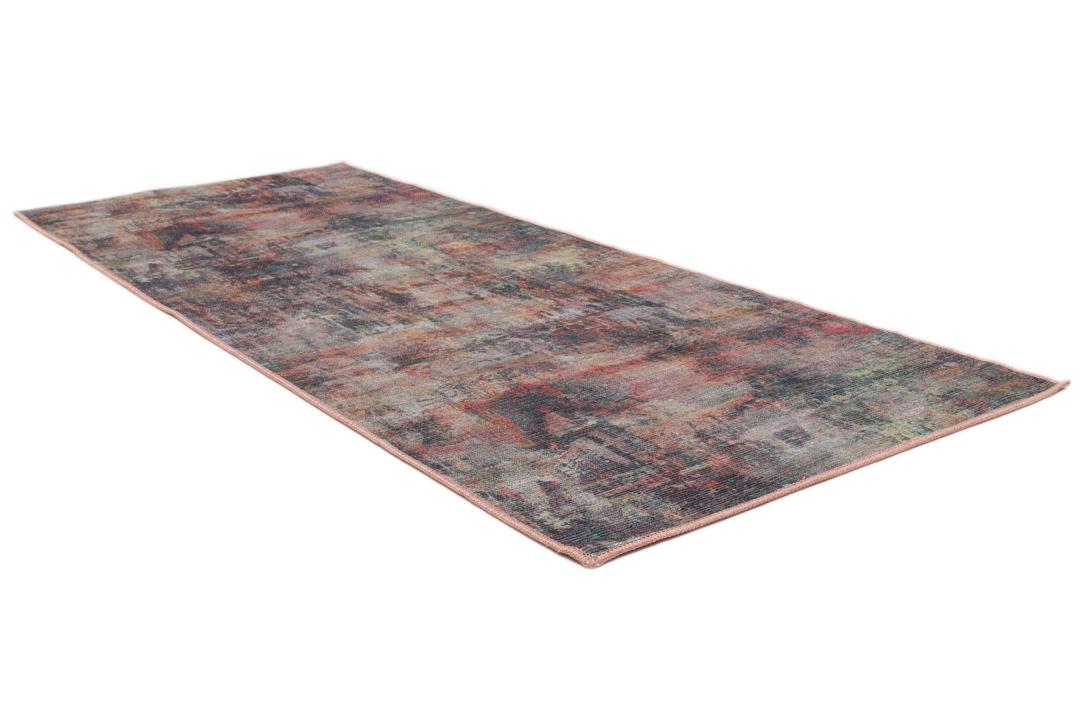 Una alfombra pasillera multicolor con un diseño abstracto.