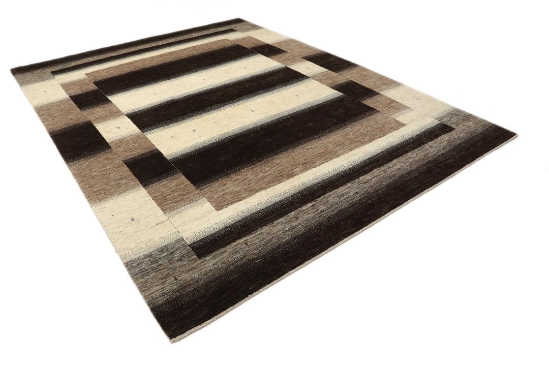 Håndknyttet Loribaft-tæppe med et moderne stribet design i brune og beige nuancer fra Mellemøsten.