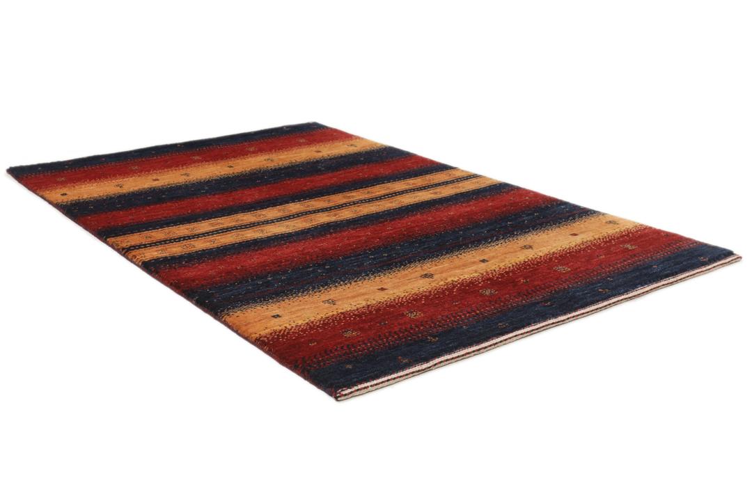 A hand-knotted Middle Eastern Loribaft rug featuring a striped pattern in red, blue, and beige wool.
