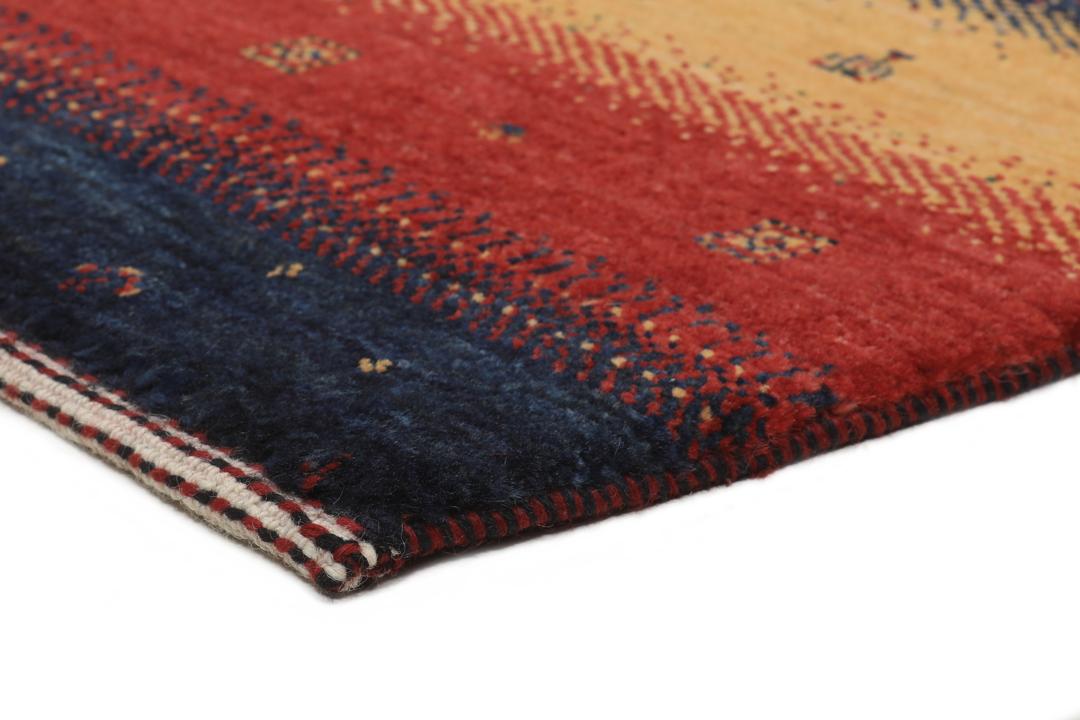 A hand-knotted Middle Eastern Loribaft rug featuring a striped pattern in red, blue, and beige wool.