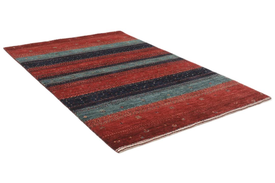 Hand-knotted Loribaft Fine rug with red, blue, and teal stripes from the Middle East