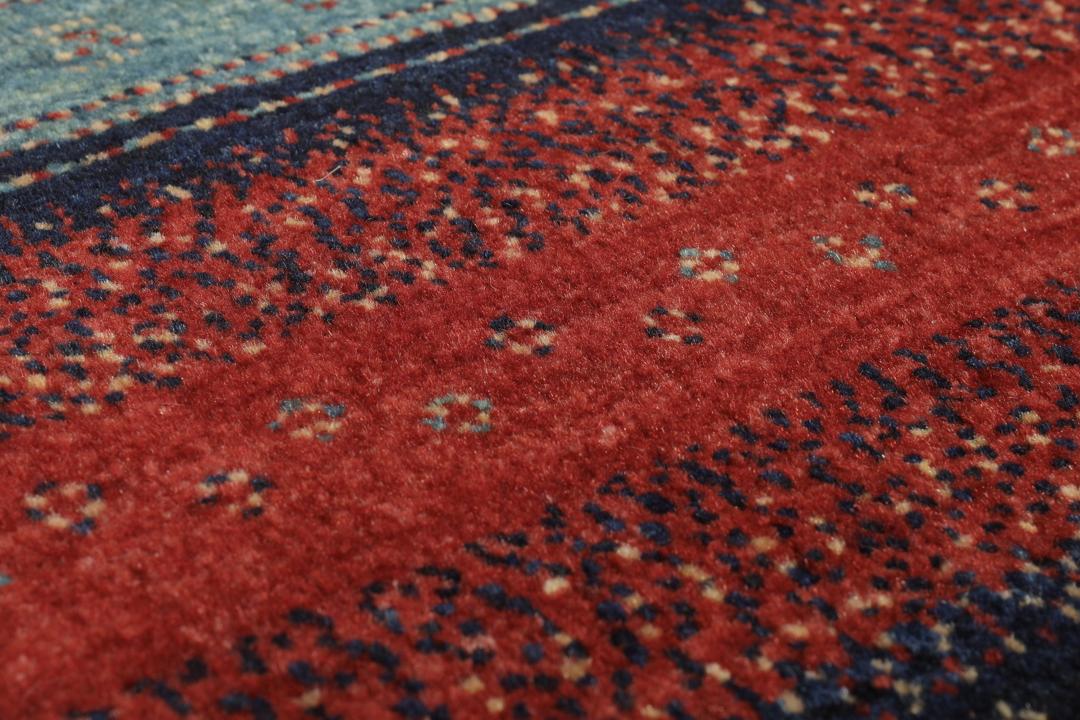 Hand-knotted Loribaft Fine rug with red, blue, and teal stripes from the Middle East