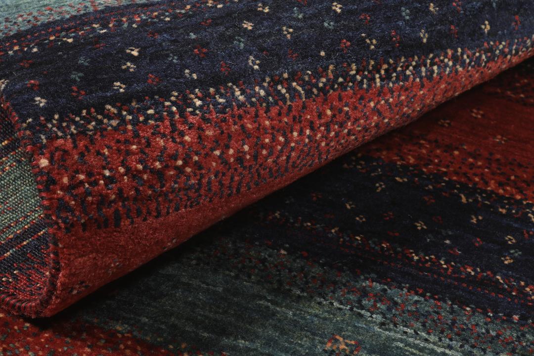 Hand-knotted Loribaft Fine rug with red, blue, and teal stripes from the Middle East