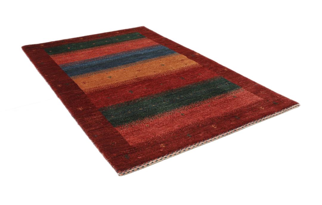 Hand-knotted Loribaft rug with a striped design in dark-red, blue, and orange from the Middle East.