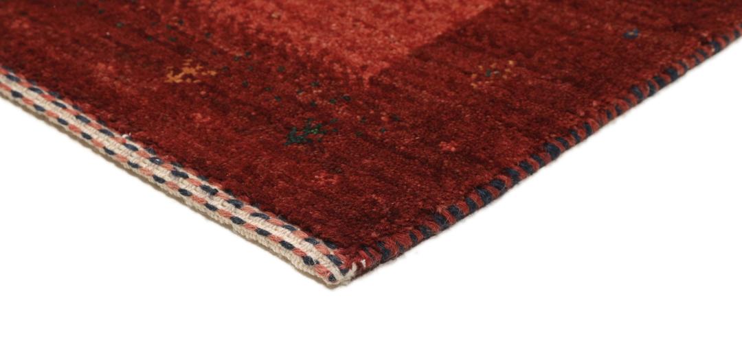 Hand-knotted Loribaft rug with a striped design in dark-red, blue, and orange from the Middle East.