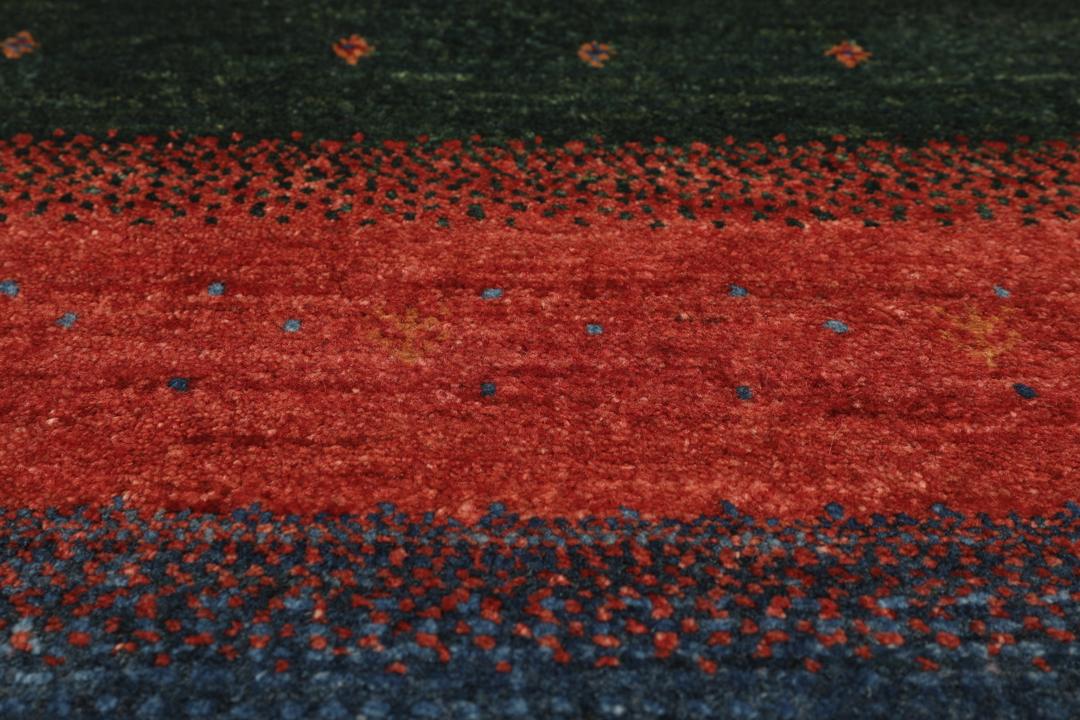 Hand-knotted Loribaft rug with a striped design in dark-red, blue, and orange from the Middle East.