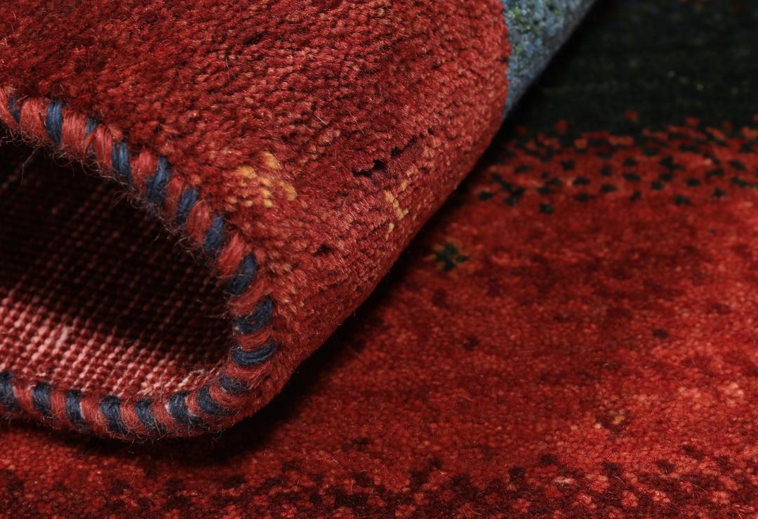 Hand-knotted Loribaft rug with a striped design in dark-red, blue, and orange from the Middle East.