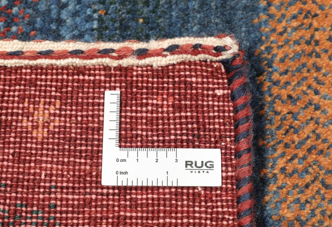 Hand-knotted Loribaft rug with a striped design in dark-red, blue, and orange from the Middle East.