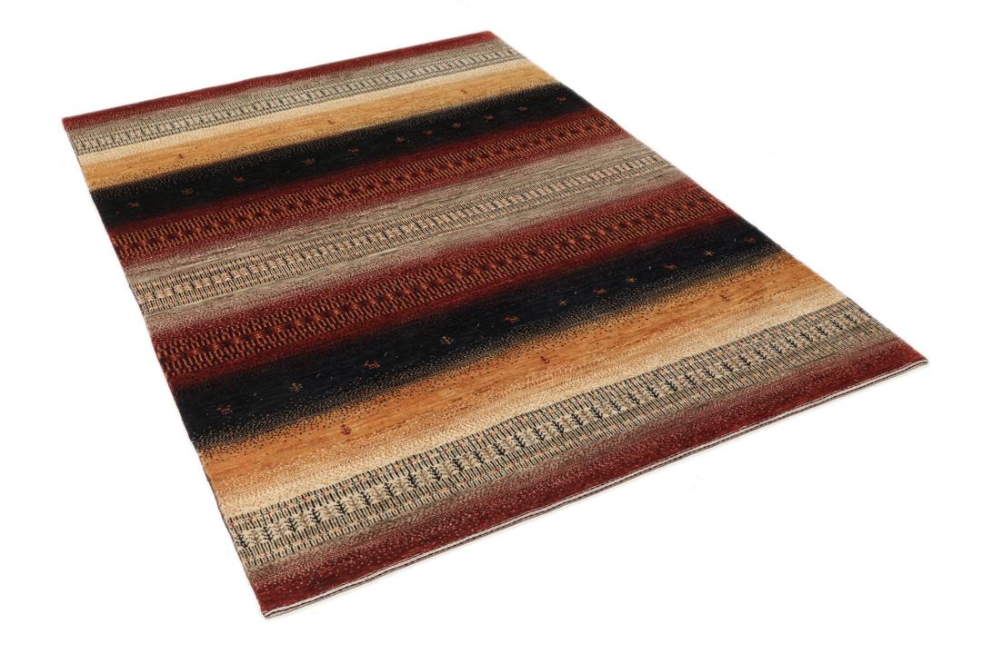 A hand-knotted Loribaft Fine rug from the Middle East featuring red, black, and beige stripes.