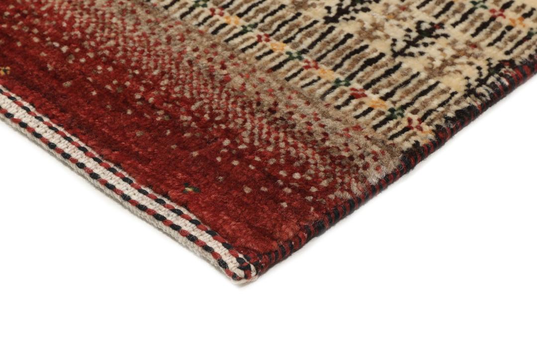 A hand-knotted Loribaft Fine rug from the Middle East featuring red, black, and beige stripes.