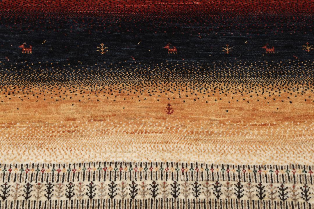 A hand-knotted Loribaft Fine rug from the Middle East featuring red, black, and beige stripes.