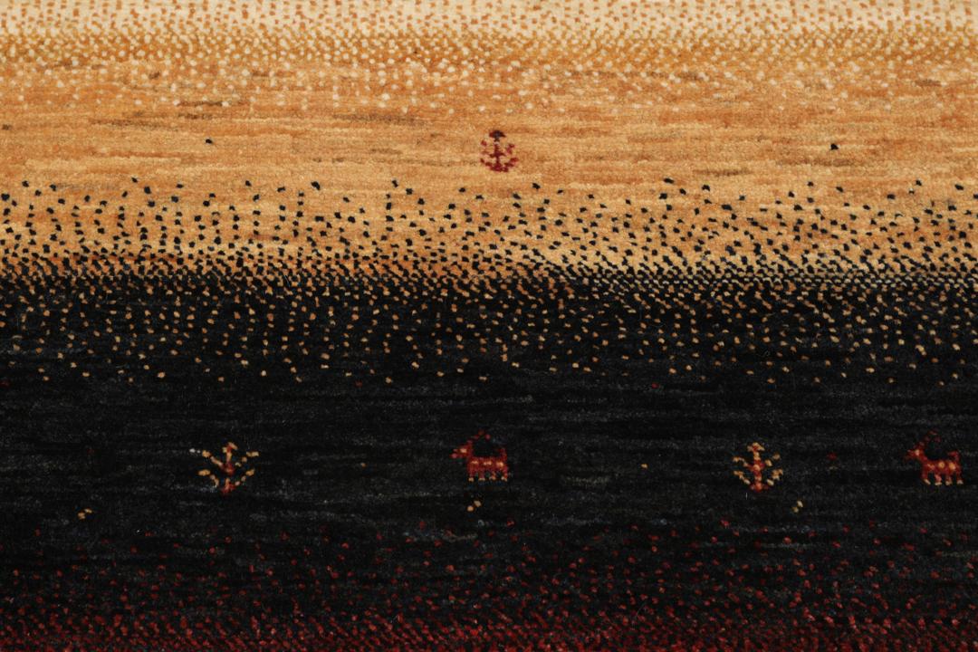 A hand-knotted Loribaft Fine rug from the Middle East featuring red, black, and beige stripes.