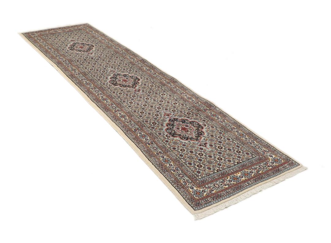 Hand-knotted Moud runner from the Middle East in shades of beige and blue