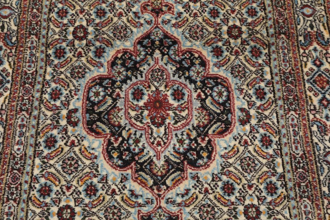 Hand-knotted Moud runner from the Middle East in shades of beige and blue