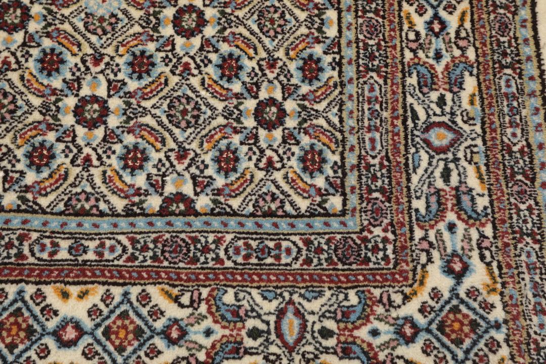 Hand-knotted Moud runner from the Middle East in shades of beige and blue
