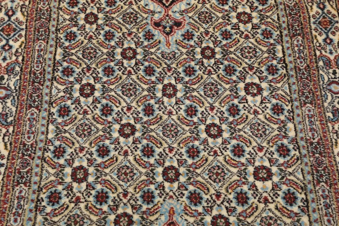Hand-knotted Moud runner from the Middle East in shades of beige and blue