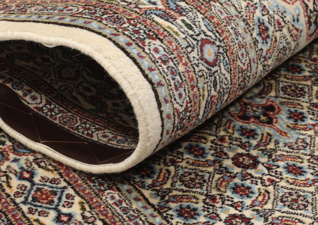 Hand-knotted Moud runner from the Middle East in shades of beige and blue
