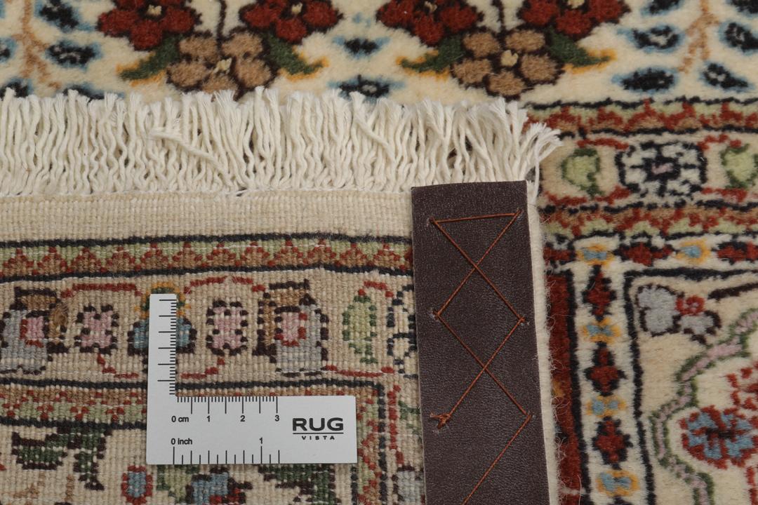 Håndknyttet Moud-tæppe fra Mellemøsten i beige, rødt og blåt blomstret gittermønster