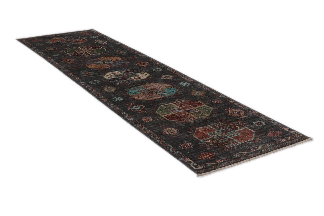Handgeknoopte Afghaanse loper met geometrische motieven in donkergrijze tinten
