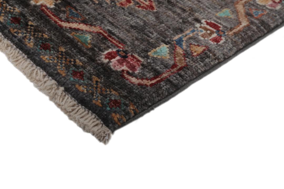 Handgeknoopte Afghaanse loper met geometrische motieven in donkergrijze tinten