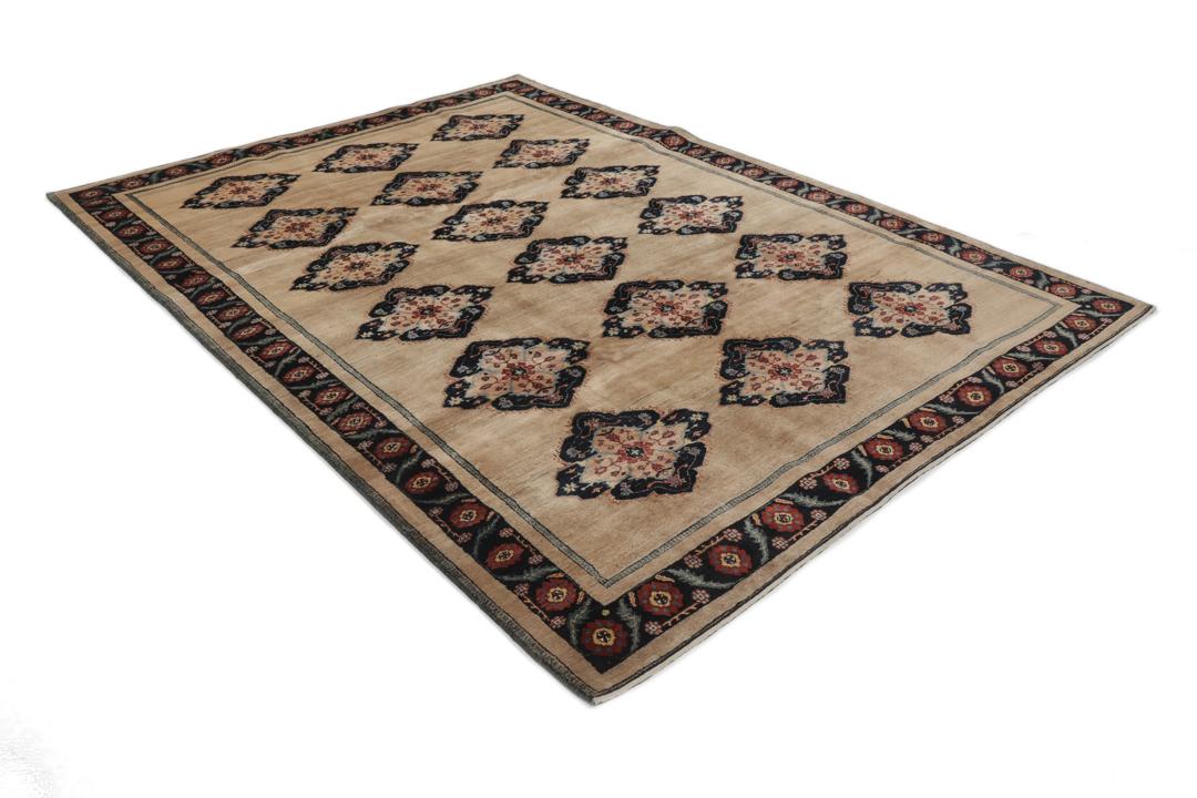Met de hand geknoopt Gabbeh Kashkooli tapijt met medaillonpatronen in beige en donkerblauw