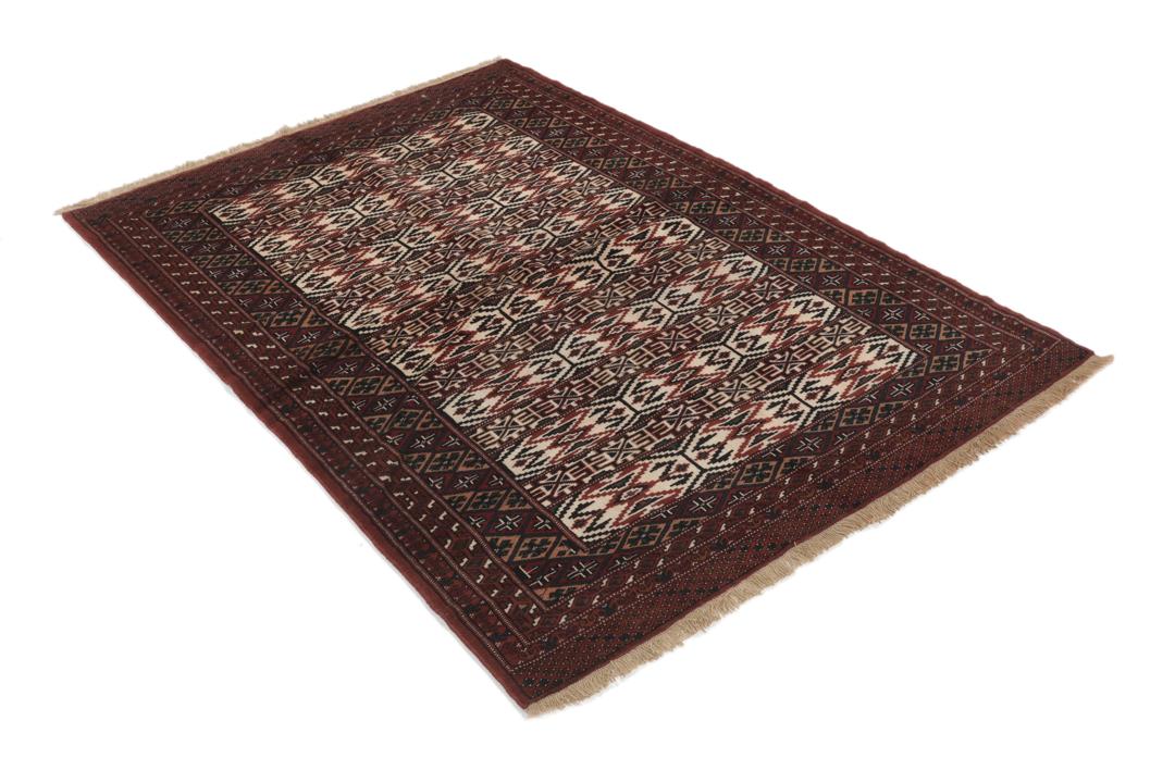 Handgeknoopt Turkaman-tapijt uit het Midden-Oosten in donkerrood en beige