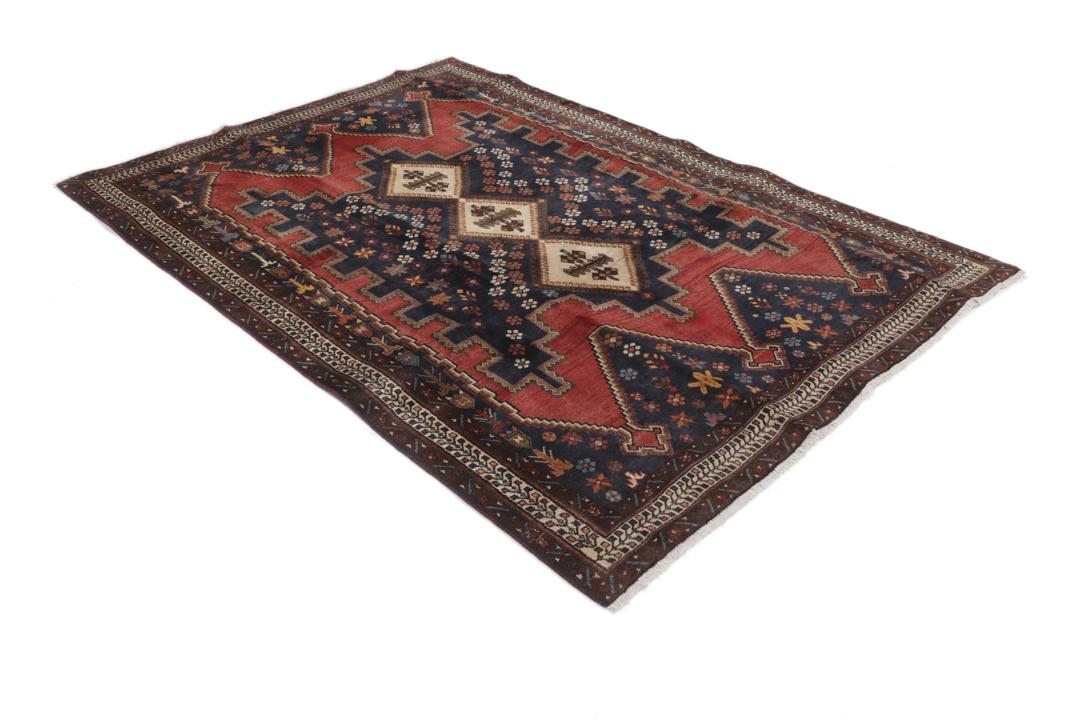 Handgeknoopt Afshar-tapijt uit het Midden-Oosten met een rood en blauw geometrisch medaillonpatroon