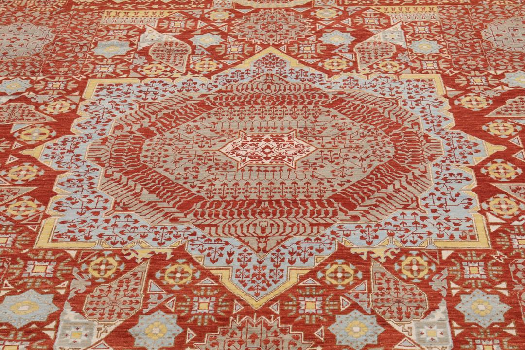 Handgeknoopt Mamluk-tapijt uit Afghanistan in tinten rood en blauw