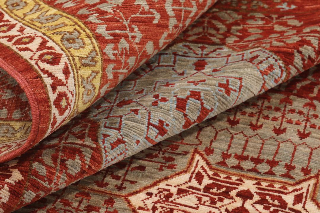 Handgeknoopt Mamluk-tapijt uit Afghanistan in tinten rood en blauw