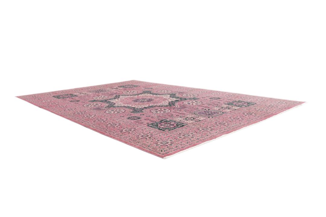 Handgeknoopt Mamluk-tapijt uit Afghanistan in roze en groene kleuren