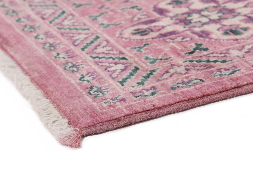 Handgeknoopt Mamluk-tapijt uit Afghanistan in roze en groene kleuren