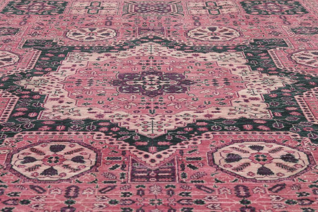Handgeknoopt Mamluk-tapijt uit Afghanistan in roze en groene kleuren