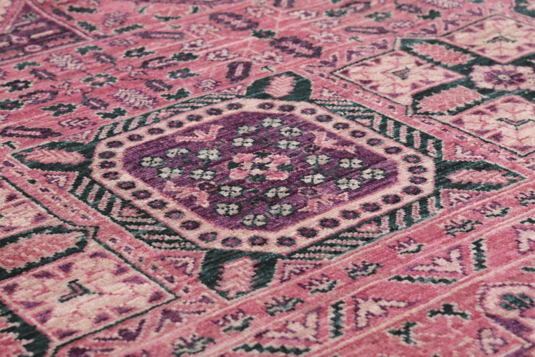 Handgeknoopt Mamluk-tapijt uit Afghanistan in roze en groene kleuren