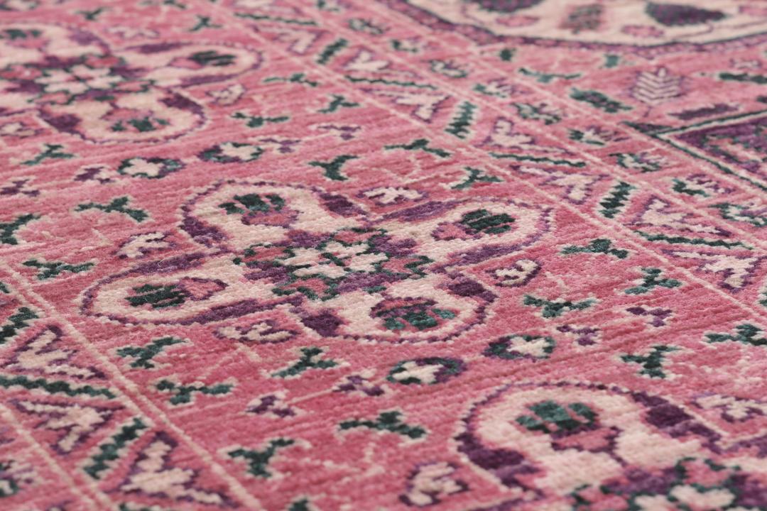 Handgeknoopt Mamluk-tapijt uit Afghanistan in roze en groene kleuren