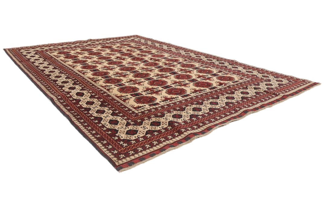 Håndknyttet afghansk Kunduz-tæppe med røde og beige geometriske mønstre