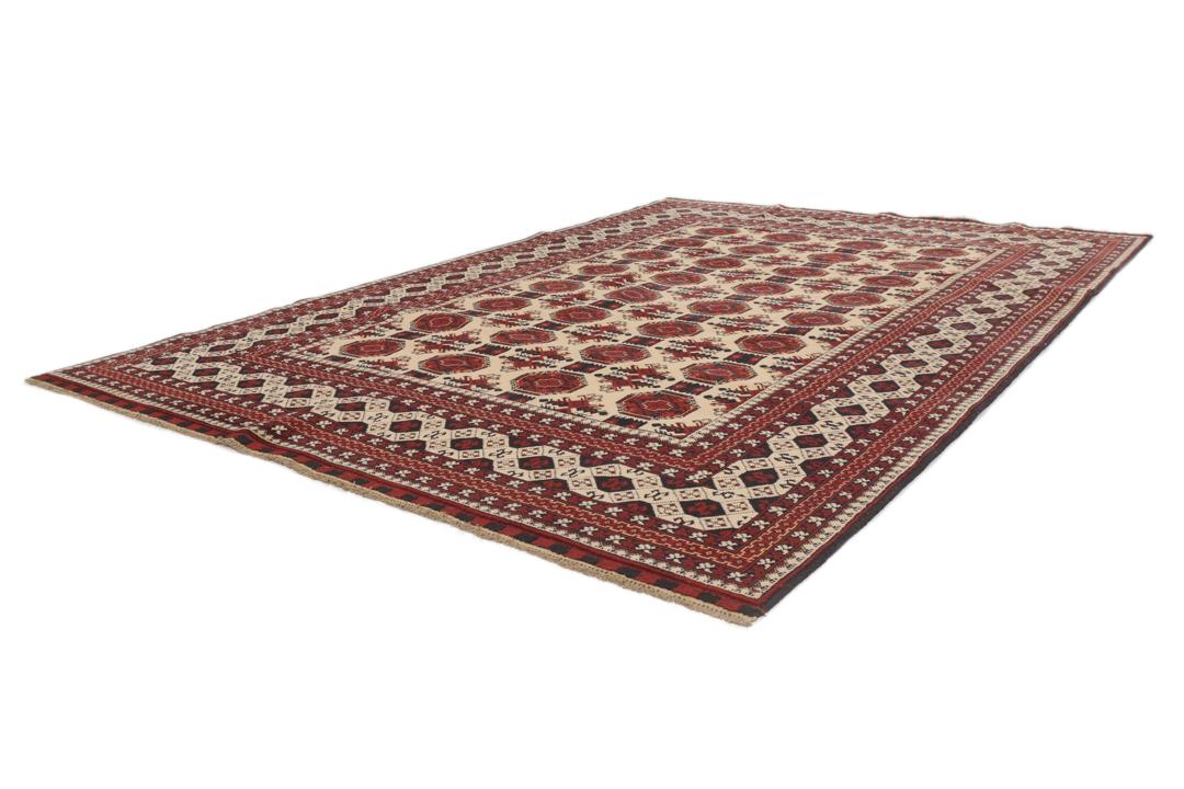 Håndknyttet afghansk Kunduz-tæppe med røde og beige geometriske mønstre
