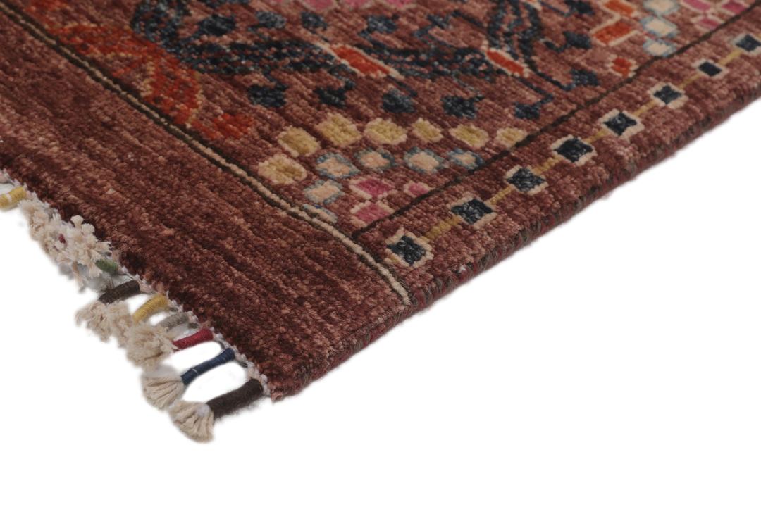 Handgeknoopt Afghaans tapijt met verticale gestreepte geometrische patronen in rood en goud
