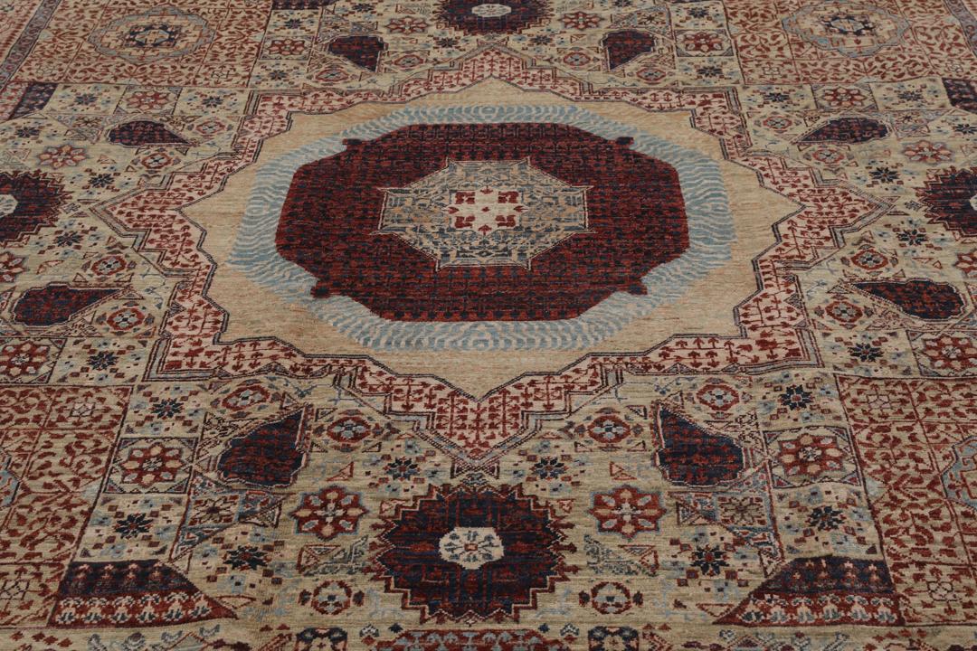 Håndknyttet afghansk Mamluk-tæppe med røde og beige geometriske mønstre
