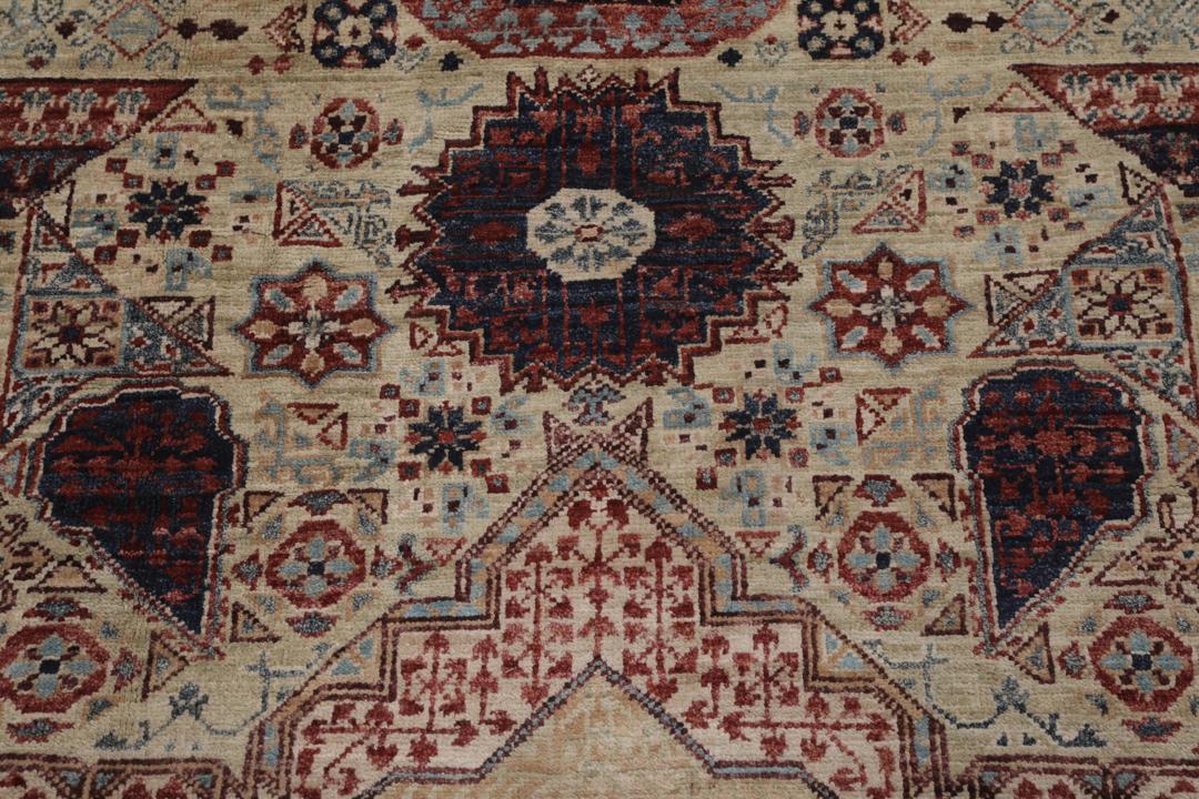 Håndknyttet afghansk Mamluk-tæppe med røde og beige geometriske mønstre