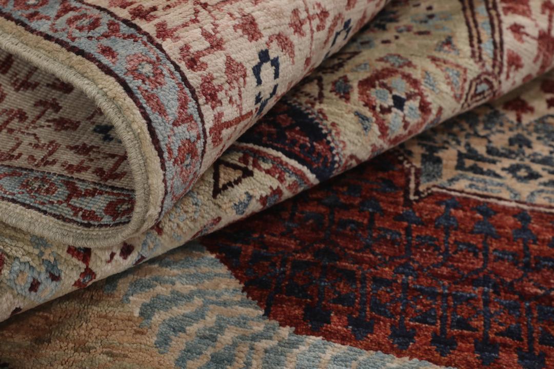 Håndknyttet afghansk Mamluk-tæppe med røde og beige geometriske mønstre