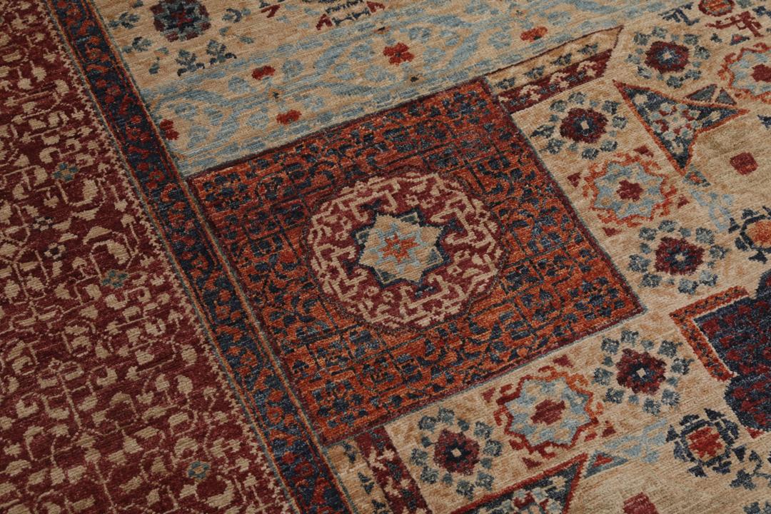 Handgeknoopt Mamluk tapijt uit Afghanistan in donkerrode en blauwe tinten