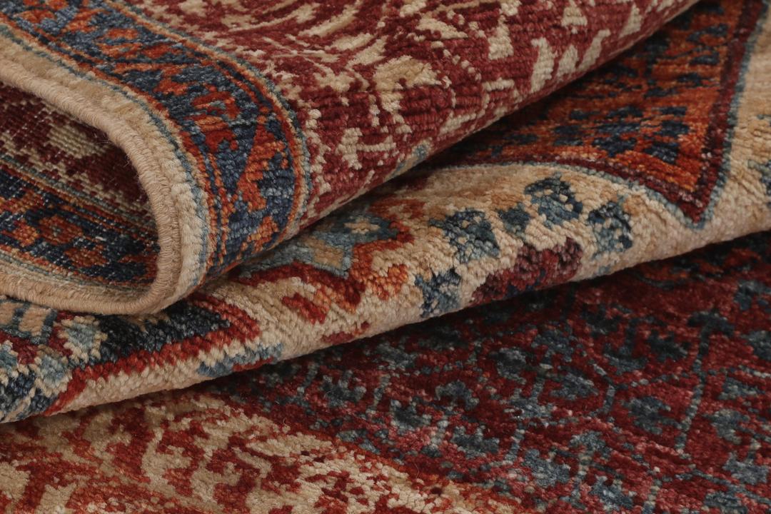 Handgeknoopt Mamluk tapijt uit Afghanistan in donkerrode en blauwe tinten