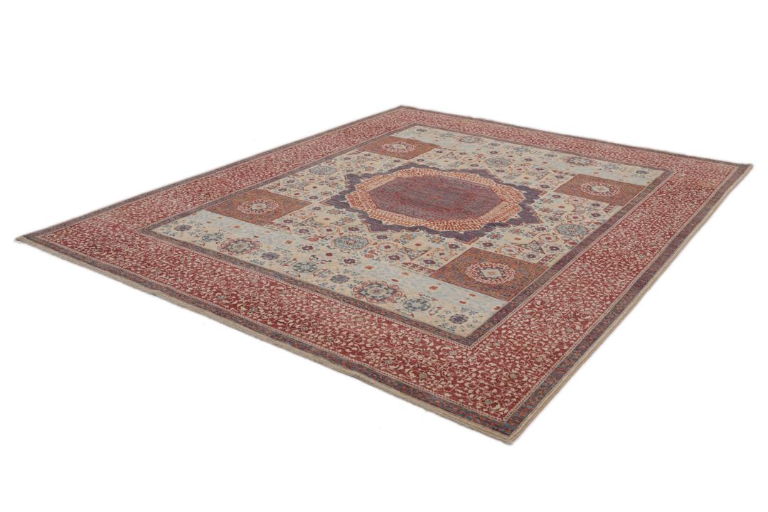 Handgeknoopt Mamluk tapijt uit Afghanistan in donkerrode en blauwe tinten