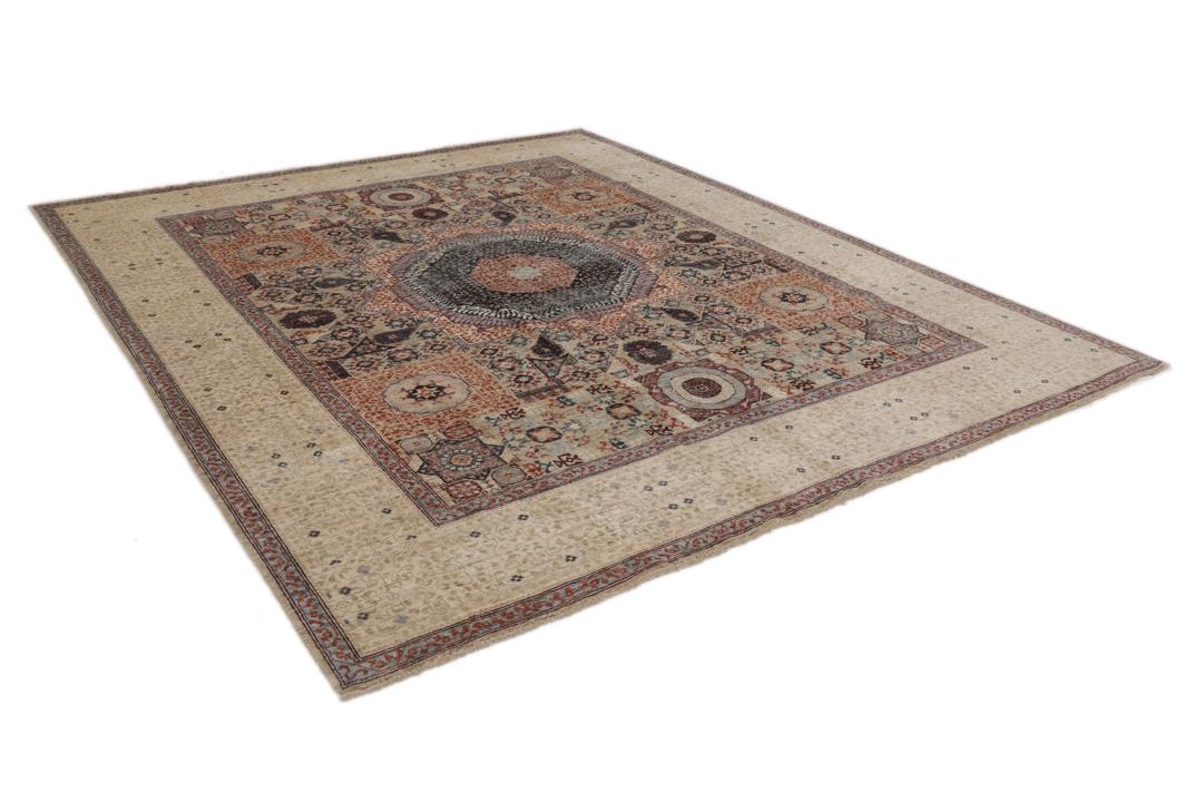 Håndknyttet Mamluk-tæppe fra Afghanistan med et beige og flerfarvet geometrisk design