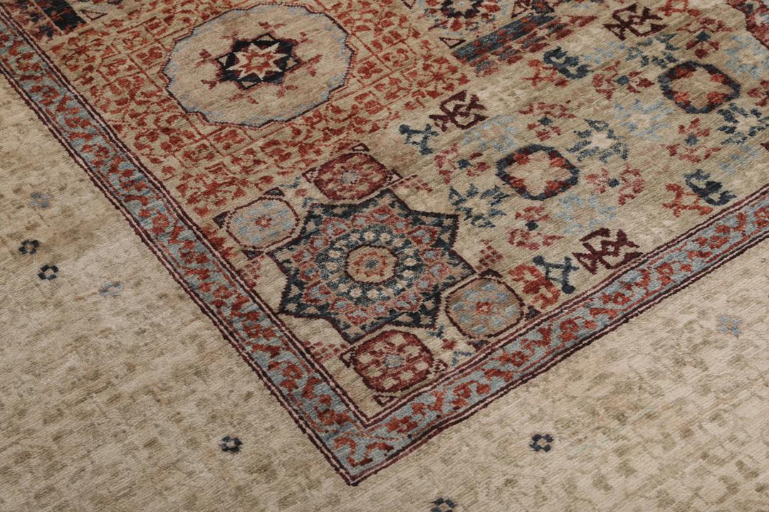 Håndknyttet Mamluk-tæppe fra Afghanistan med et beige og flerfarvet geometrisk design