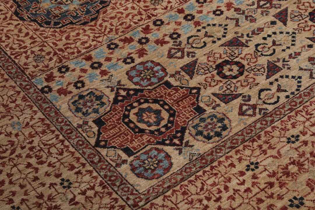 Handgeknoopt Afghaans Mamluk-tapijt in rood en beige